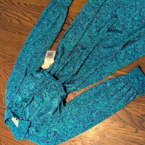 Shrader - VINTAGE 90s Paisley Printed Workwear Vibrant Teal and Purple Dress - Picture 4 of 8